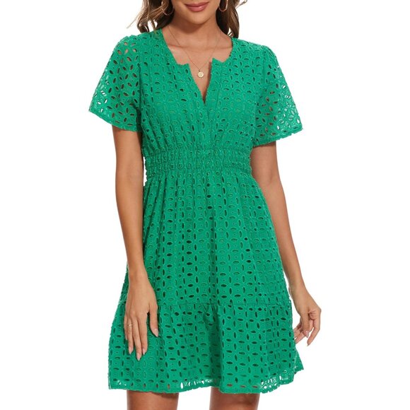 Women Summer Eyelet Lace Mini Dress V Neck Hollow Out Casual A Line - Picture 2 of 5